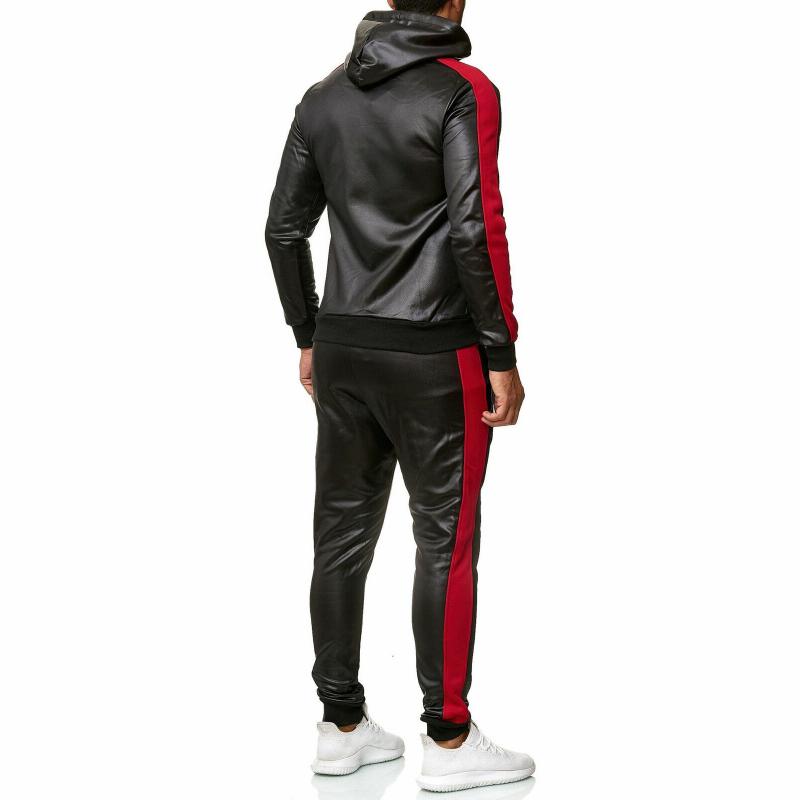 Men's Color Block Leather Hooded Zipper Jacket Trousers Casual Set 53659156Z