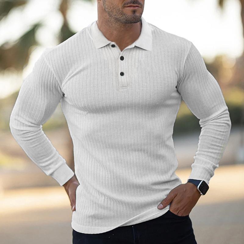 Men's Solid Striped Lapel Long Sleeve Polo Shirt 5432756Z