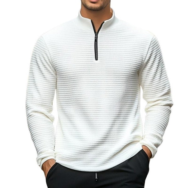 Men's Casual Solid Color Waffle Stand Collar Zipper Long Sleeve Polo Shirt 89122825Y