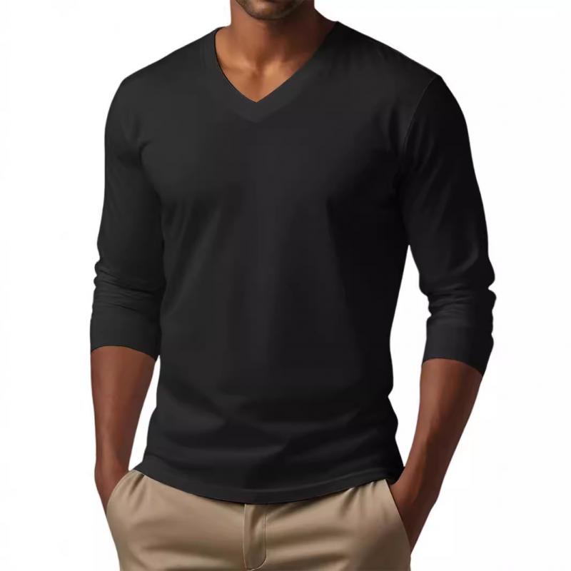 Camiseta informal de manga larga ajustada de algodón mezclado con cuello en V para hombre 53916312M