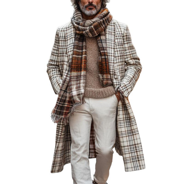 Men's Retro Woolen Material Check Print Lapel Single Breasted Mid-Length Coat 30453410Y