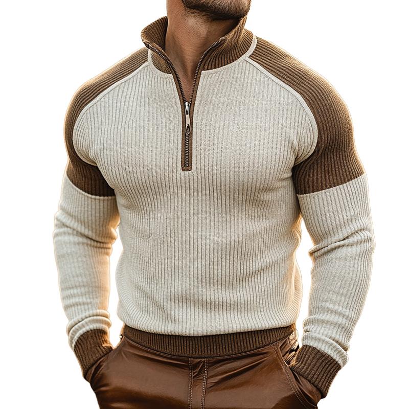 Men's Retro Casual Colorblock Stand Collar Zipper Sweater 30699496TO