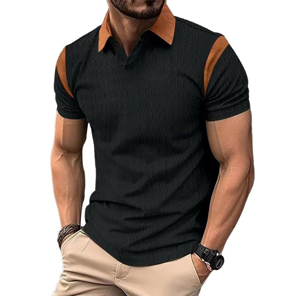 Men's Waffle Color Block Lapel Short Sleeve POLO Shirt 65522178X