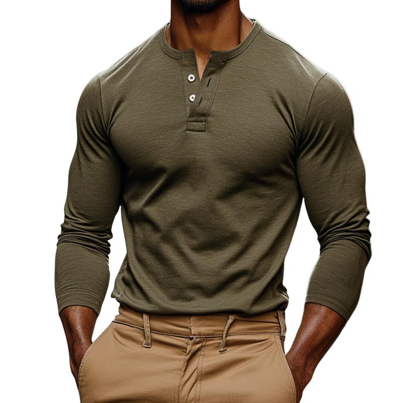 Men's Vintage Casual Solid Color Henley Neck Long Sleeve T-Shirt 94162901TO