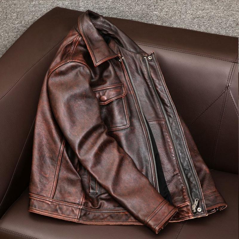 Men's Vintage Lapel Double Chest Pocket Leather Jacket 96949137Y