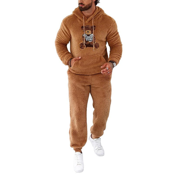 Men's Retro Casual Plush Bear Hooded Sweatshirt Two-Piece Set 86983179TO