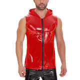 Men's Sexy Mirrored PU Zippered Hooded Slim Fit Vest 51023857M