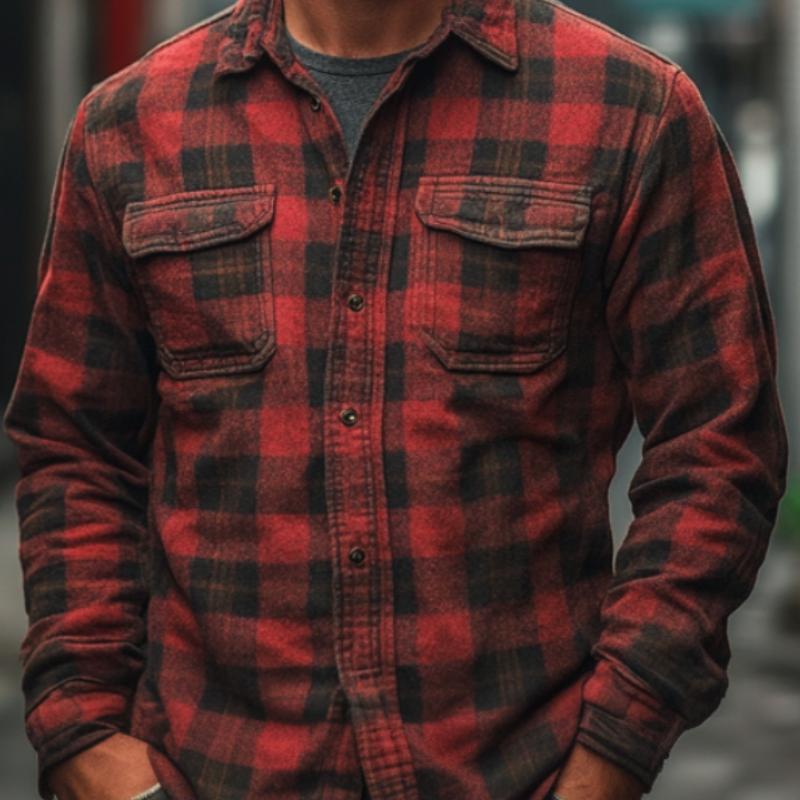 Men's Casual Lapel Flannel Plaid Long Sleeve Shirt 11334542F