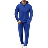 Men's Casual Solid Color Waffle Loose Hoodie Sports Pants Set 18828417M