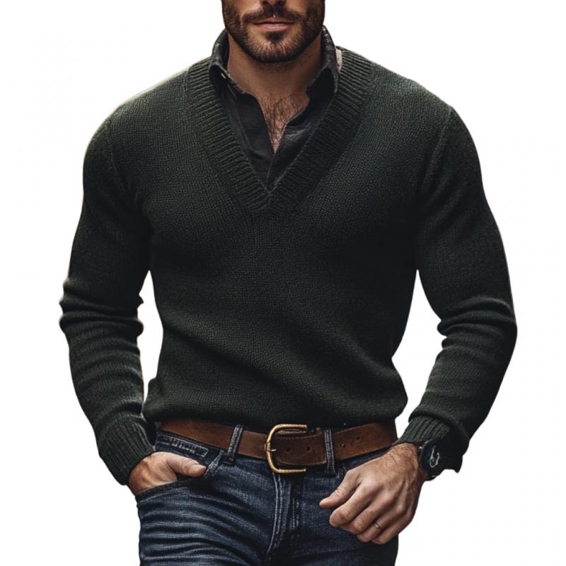 Men's Vintage V Neck Solid Color Loose Knit Sweater 14300728M