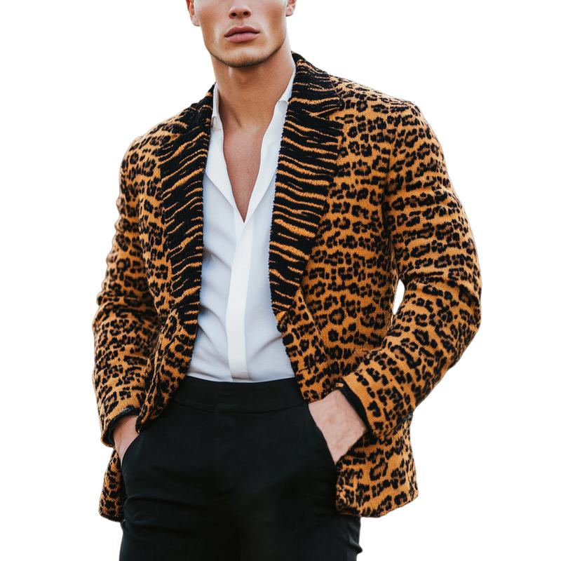 Men's Vintage Leopard Jacquard Splicing Lapel Knit Cardigan 89863115Y