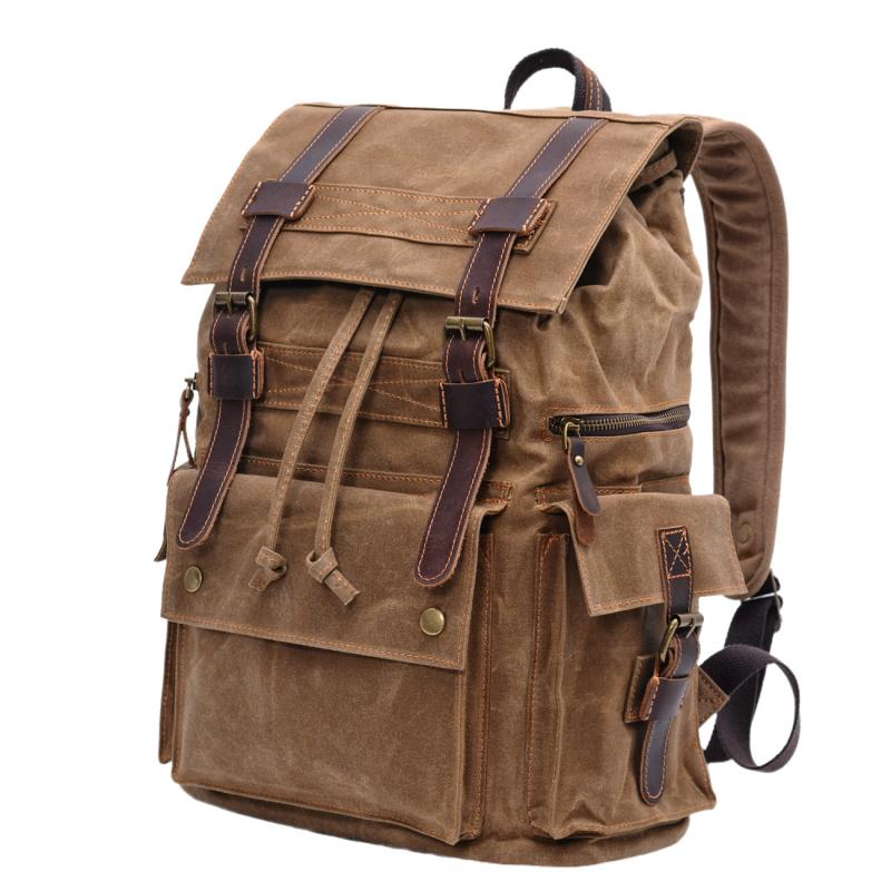 Men's Vintage Beeswax Canvas Outdoor Leather Multi-Pocket Backpack 92970713Y