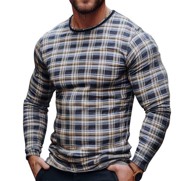 Men's Retro Casual Plaid Printed Round Neck Long Sleeve T-Shirt 35002790TO