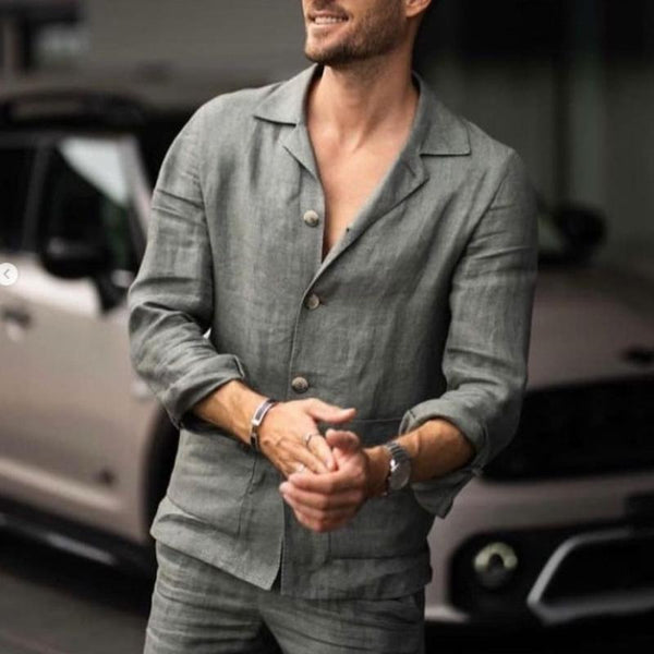 Men's Cotton and Linen Cuban Collar Large Pocket Long Sleeve Shirt 53503452Y