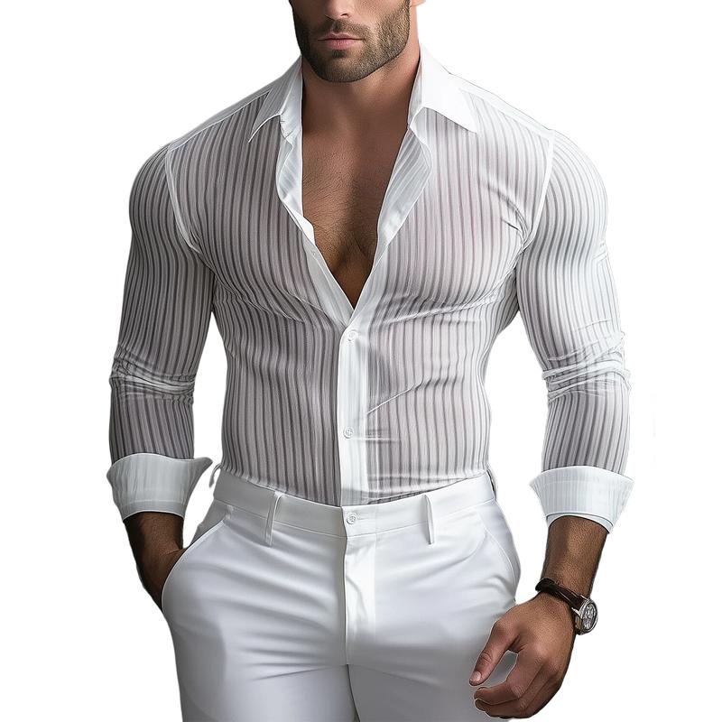 Men's Fashion Transparent Stripe Lapel Slim Fit Long Sleeve Shirt 36458542Y