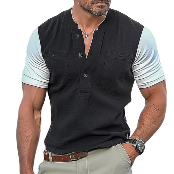 Men's Color Block Button V Neck Double Breast Pocket Short Sleeve T-Shirt 96266219Y