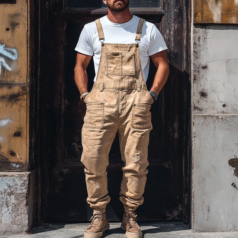 Men's Fashion Distressed Multi-pocket Cargo Overalls 46602122Z