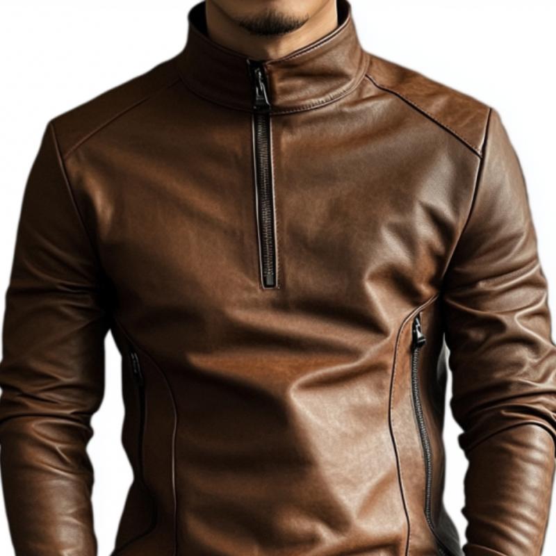 Men's Casual Fashionable Stand Collar Zipper Leather Sweatshirt 85012089K