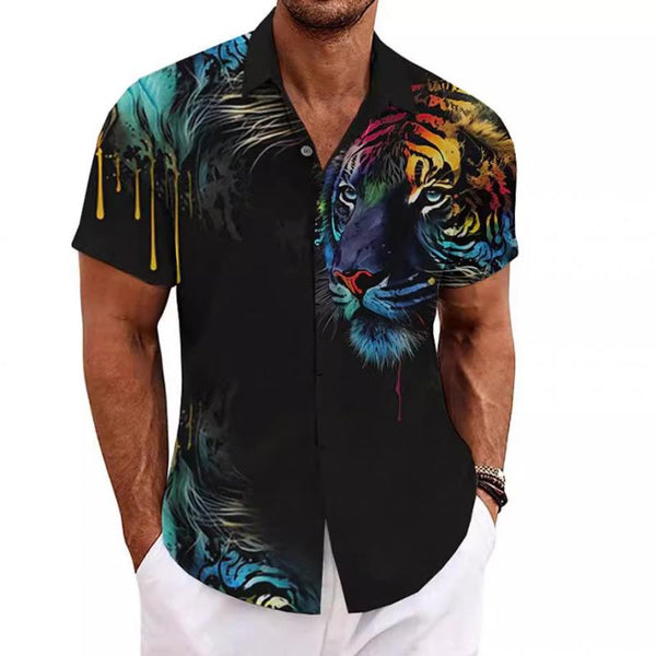 Men's Animal Print Lapel Single Breasted Short Sleeve Shirt 16971140Y