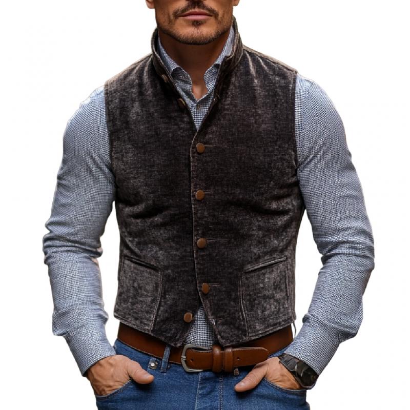 Men's Vintage Velvet Stand Collar Single Breasted Slim Vest 01581713M