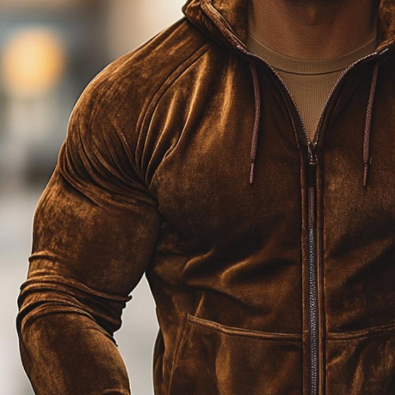 Men's Retro Casual Gold Velvet Hooded Sweatshirt Zipper Jacket 10591377TO