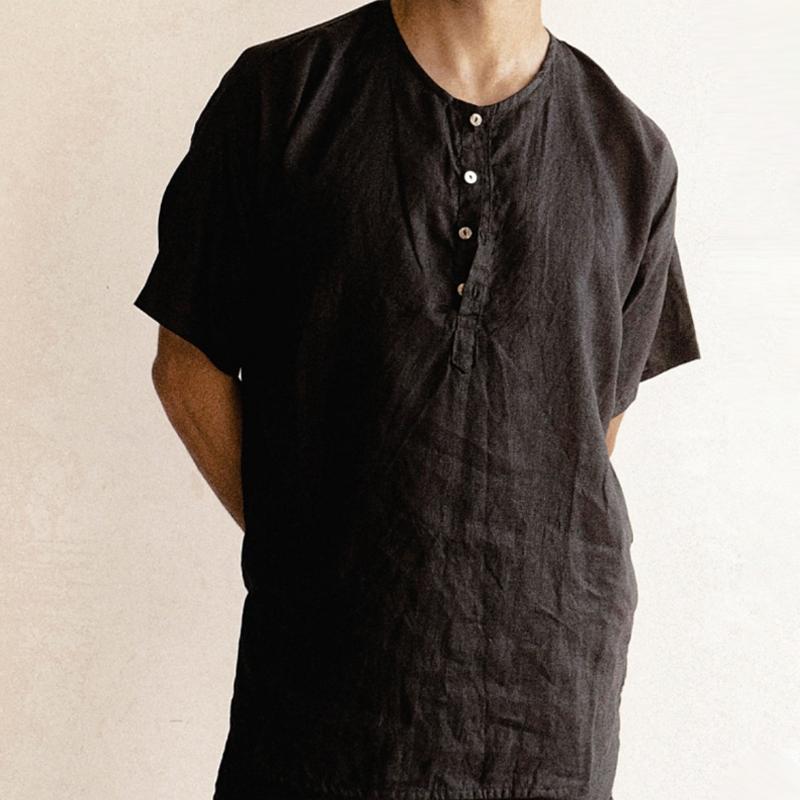 Men's Solid Cotton And Linen Henley Collar Short Sleeve Shirt 93120279Z