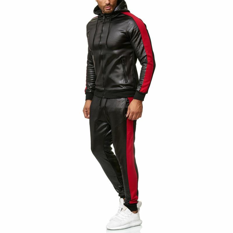 Men's Color Block Leather Hooded Zipper Jacket Trousers Casual Set 53659156Z