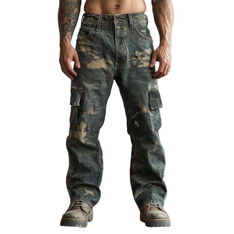 Men's Vintage Camouflage Print Ripped Cargo Jeans 75634413Y