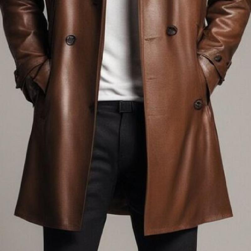 Men's Vintage Classic Thigh Length Double Breasted Leather Jacket 36549406K