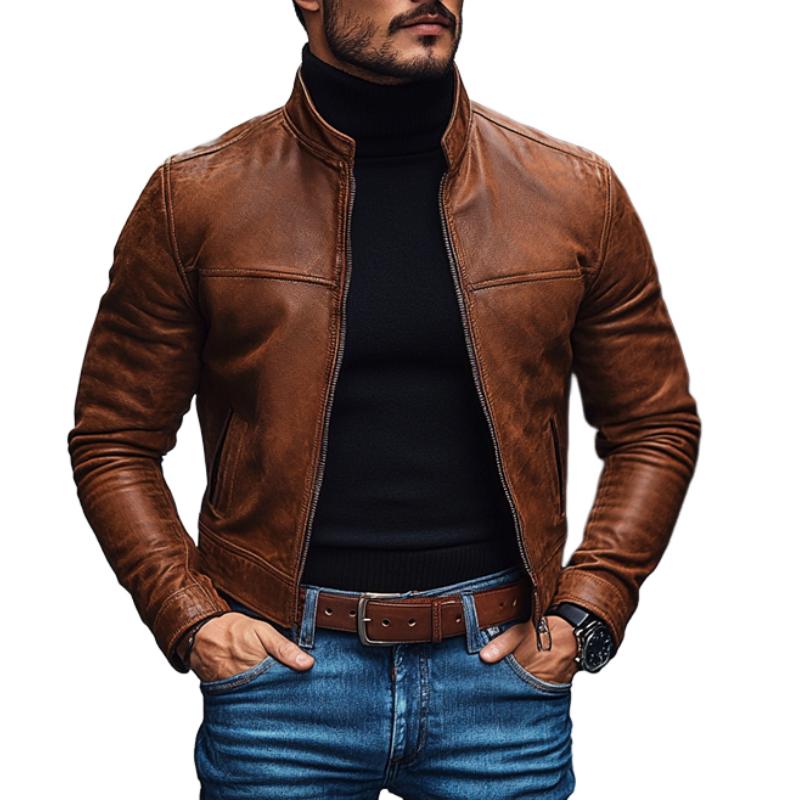 Men's Vintage Leather Stand Collar Zip-Up Slim Fit Jacket 79192790M