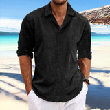 Men's Solid Cotton And Linen Lapel Long Sleeve Shirt 88002177Z