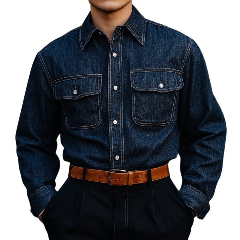 Men's Vintage Dark Blue Denim Long Sleeve Shirt 83904215U