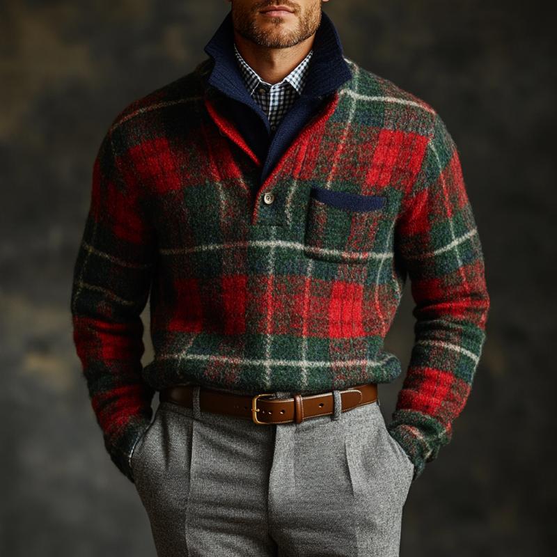 Men's Vintage Christmas Plaid Knit Double Collar Sweater 96650060Y