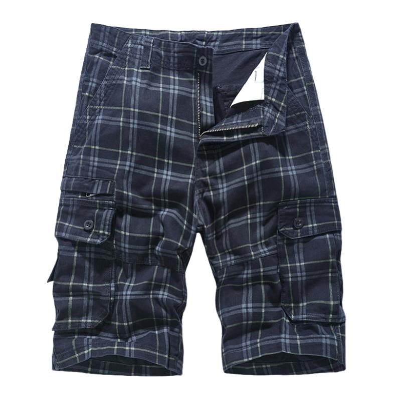 Men's Casual Plaid Cotton Washed Multi-Pocket Straight Cargo Shorts 95585669M