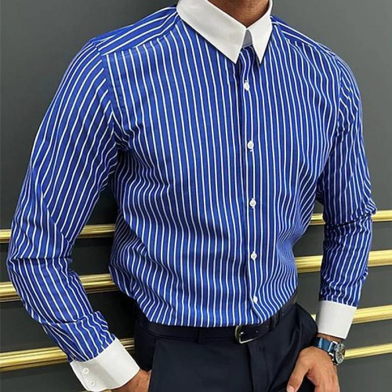 Camicia casual a maniche lunghe con risvolto colorblock a righe da uomo 92383317Z