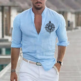 Men's Printed Stand Collar Long Sleeve Cotton Linen Shirt 02809326Z