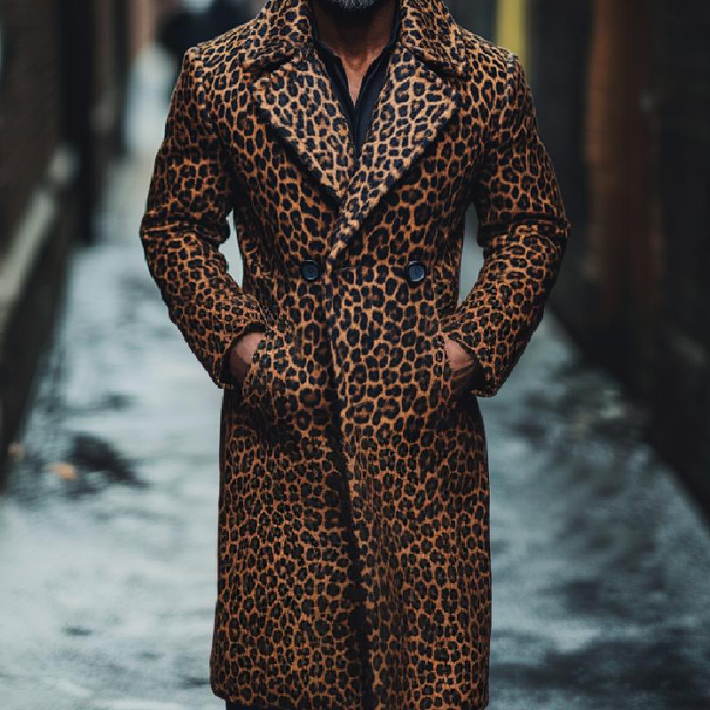 Men's Classic Long Lapel Leopard Print Wool Coat 44060055F