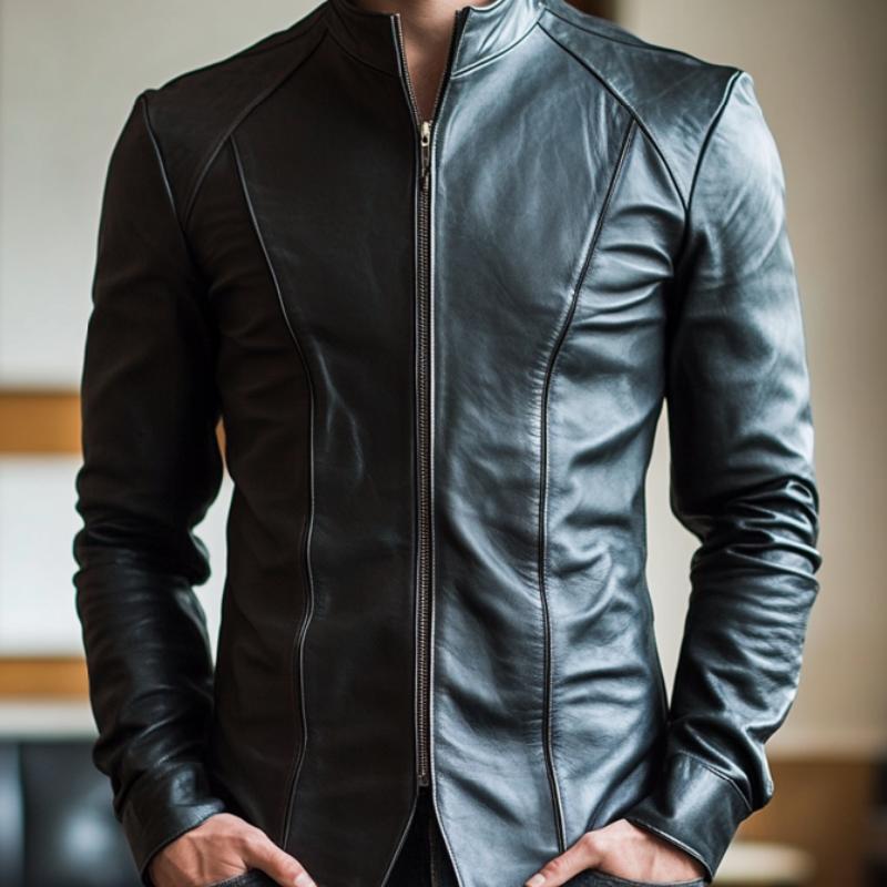 Men's Slim-fit Stand Collar Zip-up Leather Jacket 92007897F