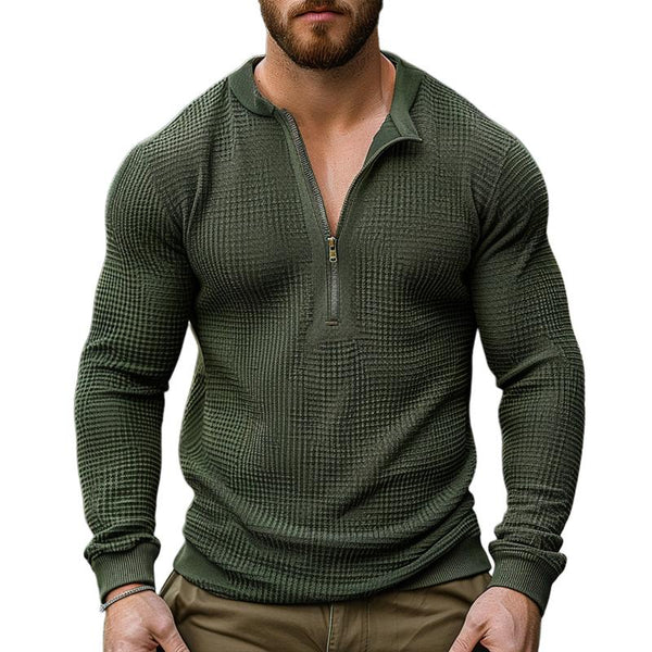 Men's Casual Waffle Zipper Neck Slim Fit Long Sleeve Sweatshirt 24305911M