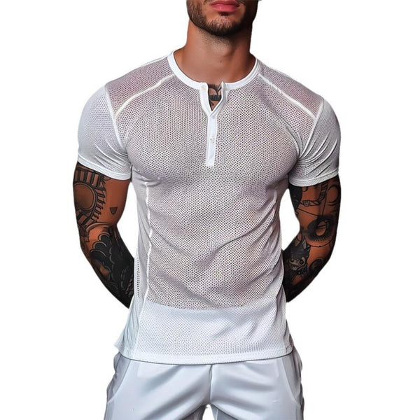 Men's Sexy Mesh Henley Neck Short Sleeve T-Shirt 93917495Y