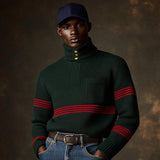 Men's Vintage Christmas Striped Knitted Button-Down Turtleneck Chest Pocket Sweater 22453558Y