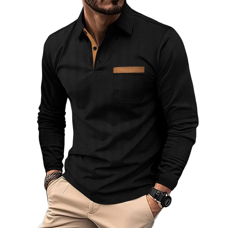 Men's Striped Jacquard Lapel Long Sleeve Polo Shirt 03659567Y