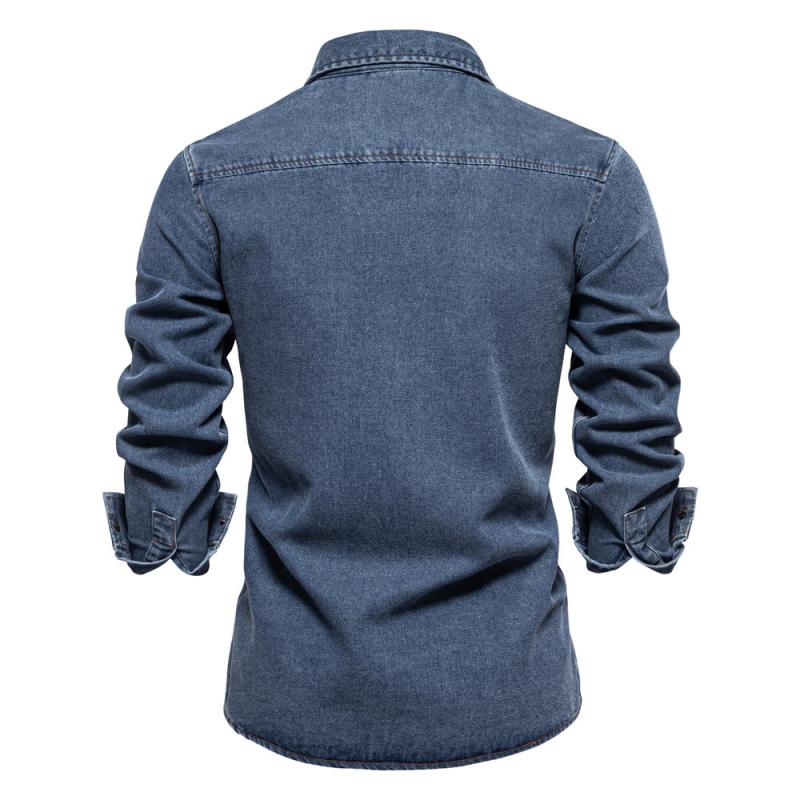 Men's Denim Lapel Chest Pocket Long Sleeve Cargo Shirt 80094373Z