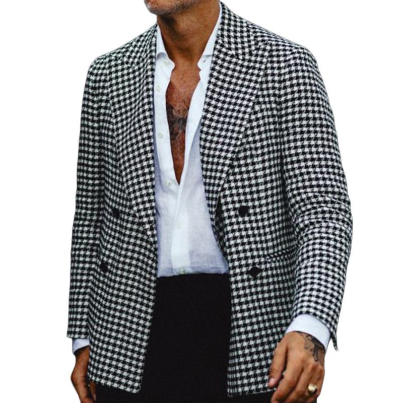 Men's Double Breasted Black and White Plaid Blazer 80675980U