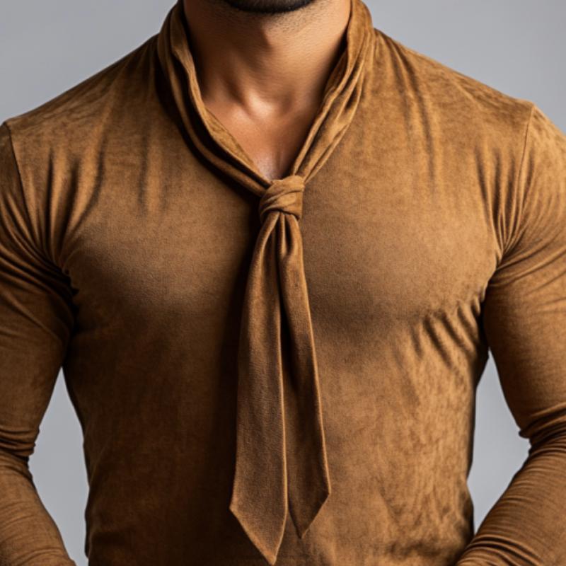 Men's Classic Casual V-Neck Shapeable Bow Tie Suede Long Sleeve T-Shirt 07187437K