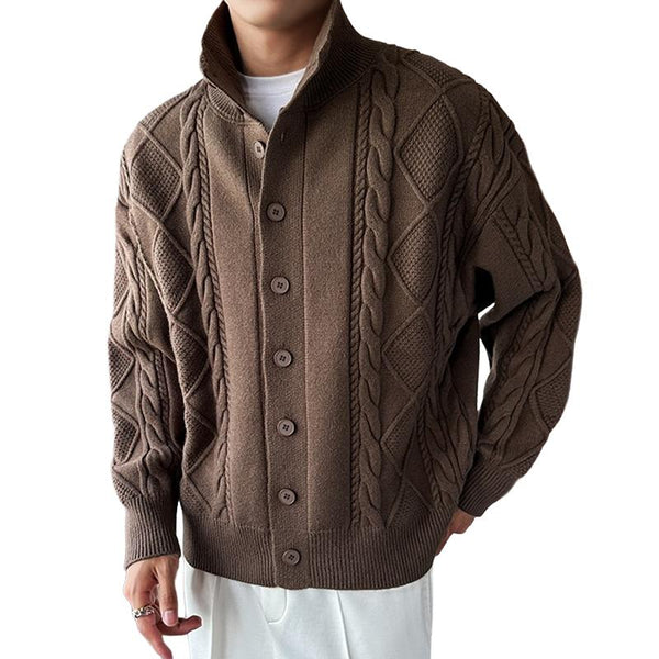 Men's Solid Color Cable Stand Collar Single Breasted Knit Cardigan 49962548Z