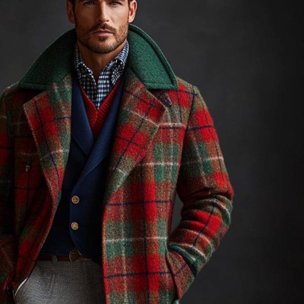 Men's Retro Christmas Plaid Colorblock Lapel Mid-Length Coat 33222097Y