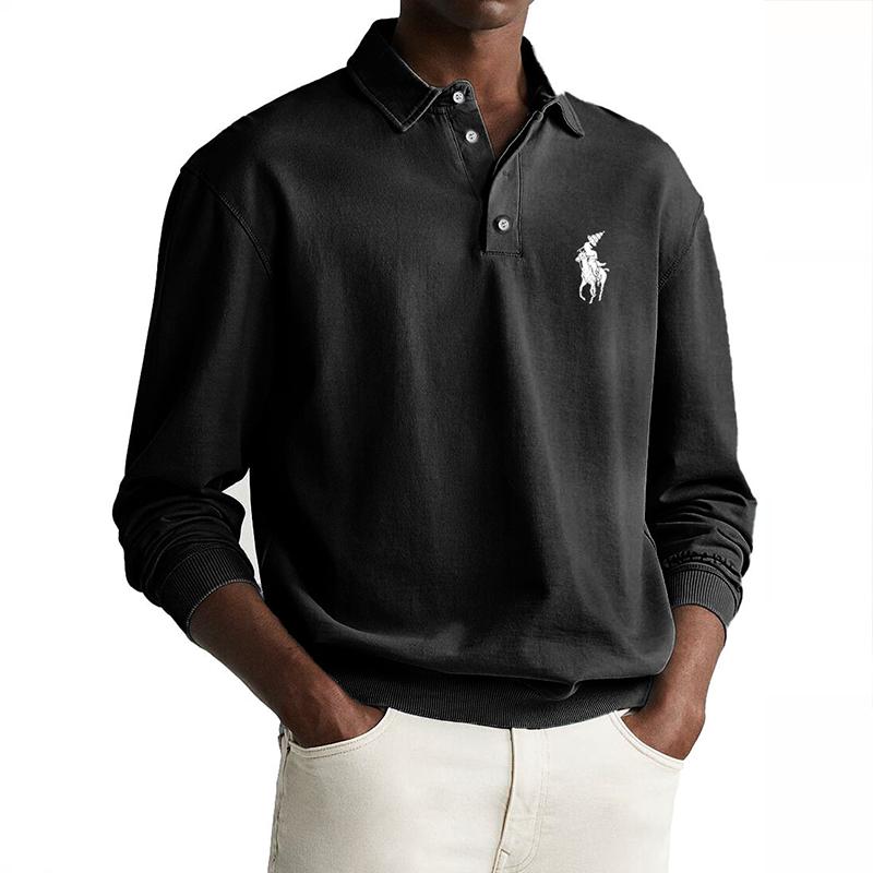 Men's Solid Color Loose Lapel Long Sleeve Polo Shirt 47320003Z