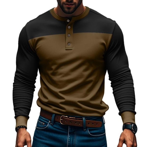 Men's Casual Vintage Long Sleeve Colorblock Henley T-Shirt 76480542X