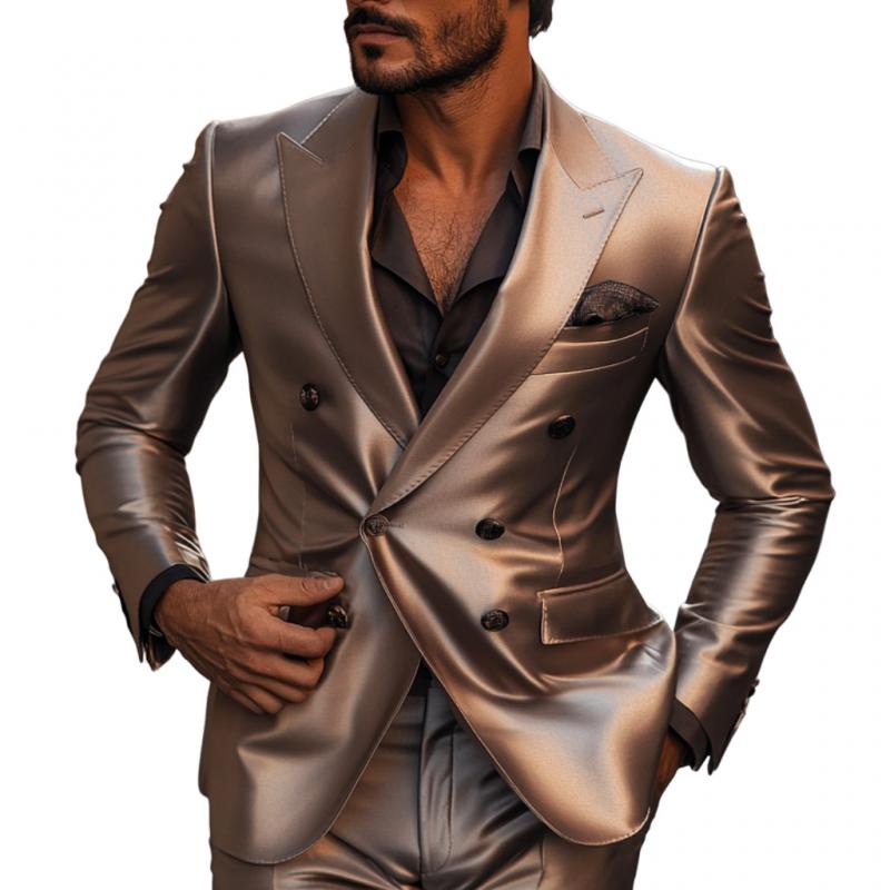 Men's Vintage Elegant Satin Peak Lapel Double Breasted Slim Fit Blazer 20079037M